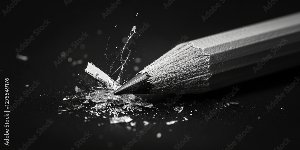 Leinwandbilder monochromatic close-up of a broken pencil with splintered wood and shavings on a black backdrop, cre