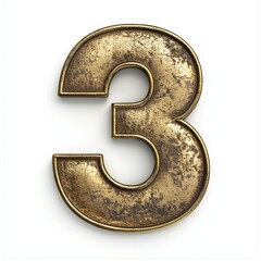 Number 3 made of antique brass with a slightly aged texture isolated on a clean white background
