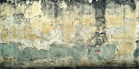 Obraz premium Worn textured wall with peeling paint in shades of gray and beige, featuring rough patches and a hint of green at the bottom center.