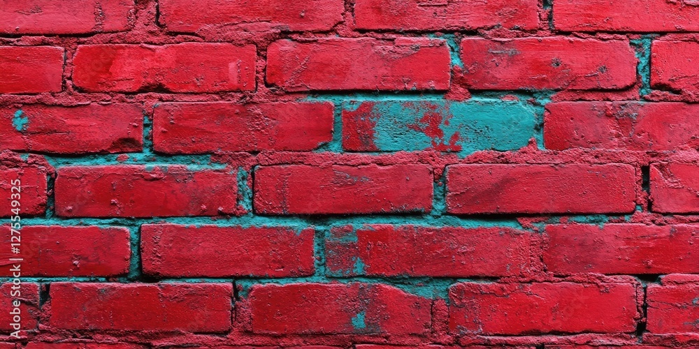 Leinwandbilder Closeup of a vibrant red brick wall with patches of teal highlighting the textured surface creating a striking contrast in a vertical orientation.
