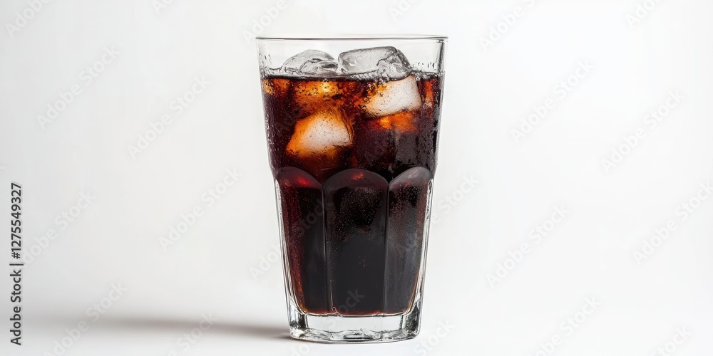 Poster black soft drink with ice cubes served in a clear glass on a white background highlighting its dark 