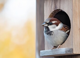 Close-up of a sparrow nestled inside a rustic wooden birdhouse, showcasing its delicate feathers and serene expression.