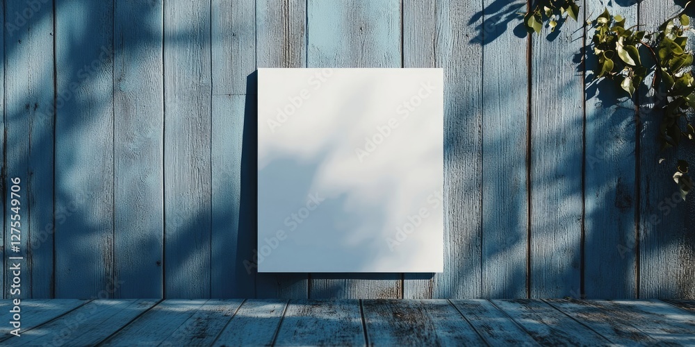 Poster blank white canvas positioned centrally against a rustic blue wooden wall with shadows from green fo