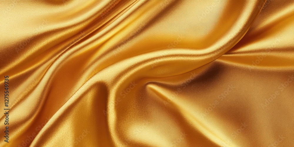 Poster Lustrous golden silk fabric elegantly drapes in soft waves with rich, warm hues creating a luxurious texture and fluid motion throughout the scene.