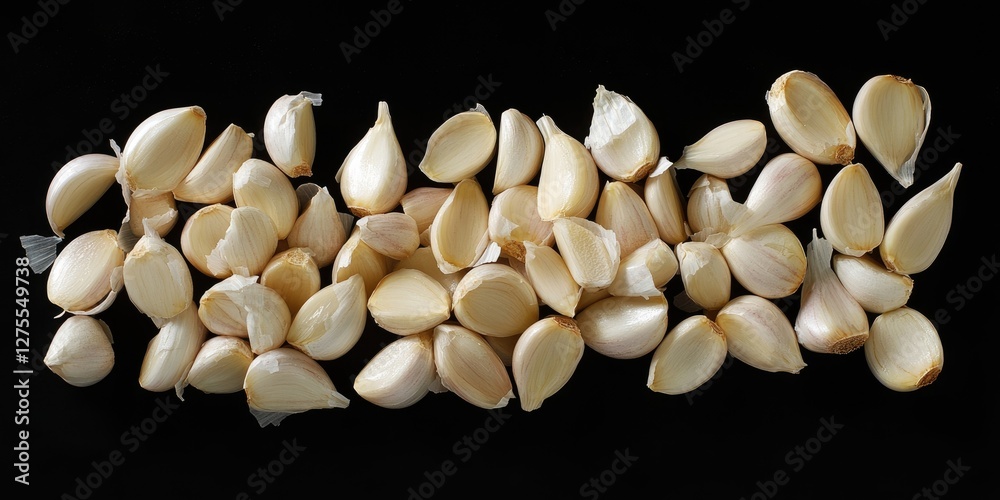 Poster peeled garlic cloves in diverse sizes arranged in a horizontal row on a black background highlightin