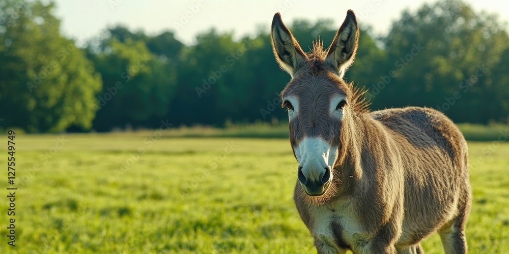 Aufkleber donkey standing in a lush green meadow under soft sunlight with trees blurred in the background feat