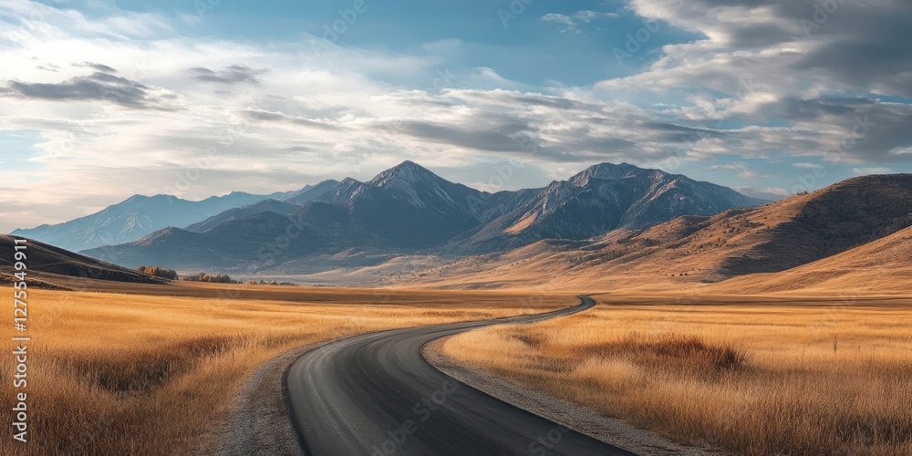 Poster winding road through golden dried field leads towards majestic mountains under a dynamic sky with so