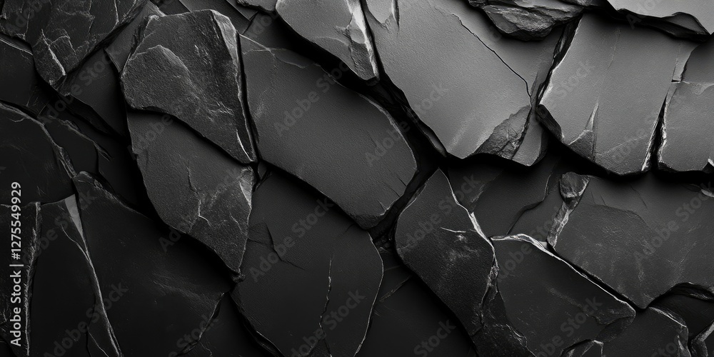 Poster textured black stone background with jagged layers of slate exhibiting varying shades of dark gray a