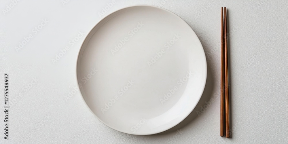 Aufkleber Plain white plate centered on a spotless white background with a pair of brown wooden chopsticks positioned neatly on the right side.