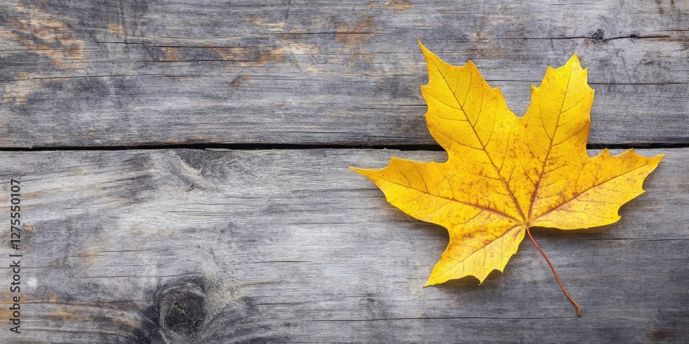 Aufkleber yellow maple leaf on rustic dark wooden desk capturing autumn's essence with intricate textures and 