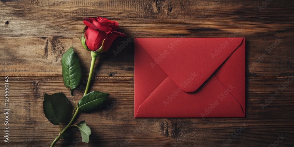 Poster Red envelope and a single red rose on a rustic wooden surface with a dark brown background creating a romantic and elegant composition
