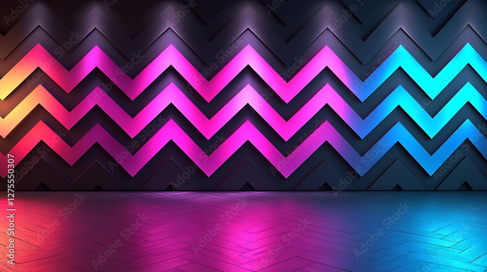 Poster colorful abstract zigzag wall and floor with spotlights, 3d background for product presentation
