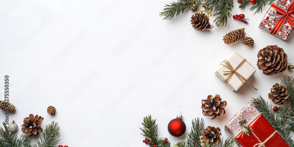 Aufkleber christmas decoration flat lay with pine cones red ornaments and gifts arranged on white background w