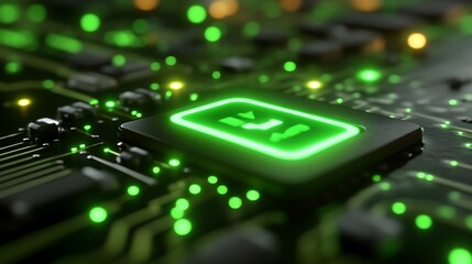 Green illuminated circuit board component with data transfer symbol