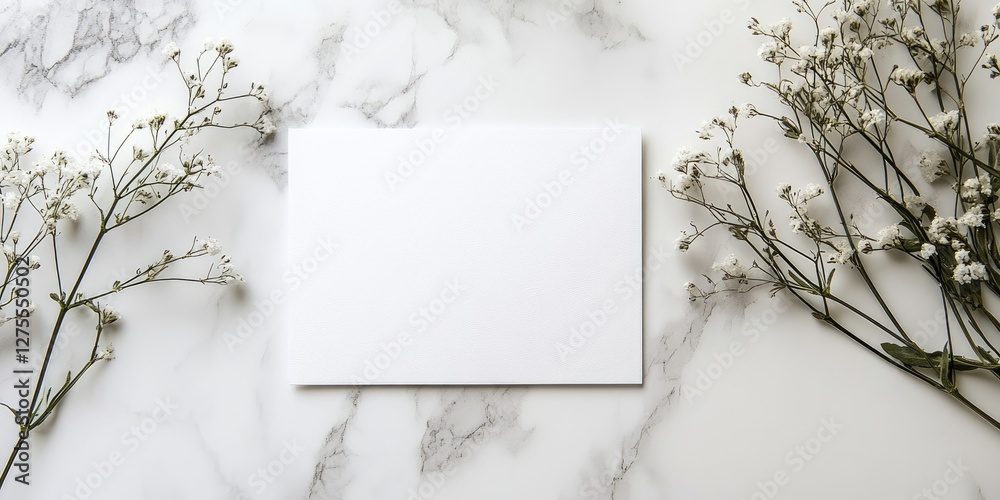 Aufkleber blank white card centered on a marble background, flanked by delicate white flowers on either side, 