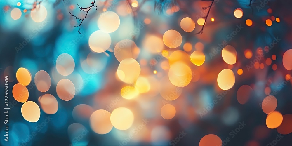 Poster colorful bokeh background featuring blue orange and yellow hues with scattered circular lights and s