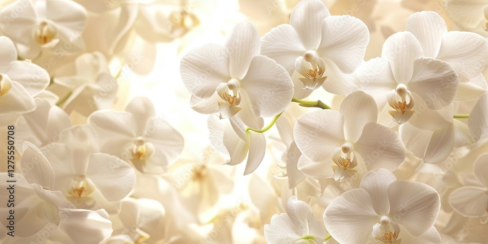 Aufkleber Delicate white orchids in soft focus with subtle light background creating an ethereal ambiance showcasing elegance and natural beauty.