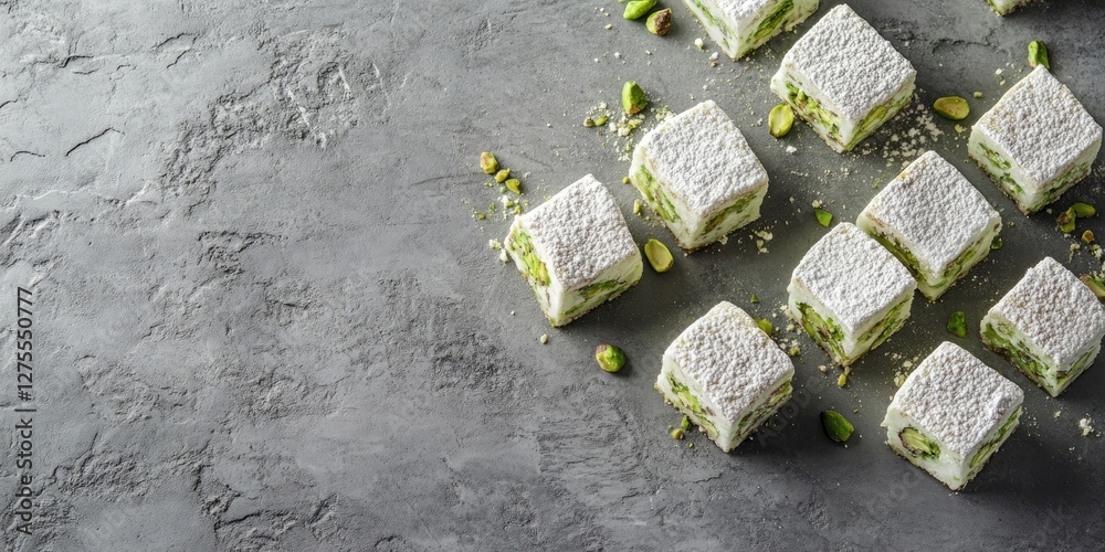 Poster delicious pistachio sweets arranged neatly on a dark stone surface with crushed pistachios and powde