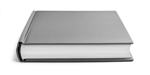 Fototapeta premium Gray textured book with a smooth cover lying horizontal on a clean white background showcasing a side view of its spine and pages.