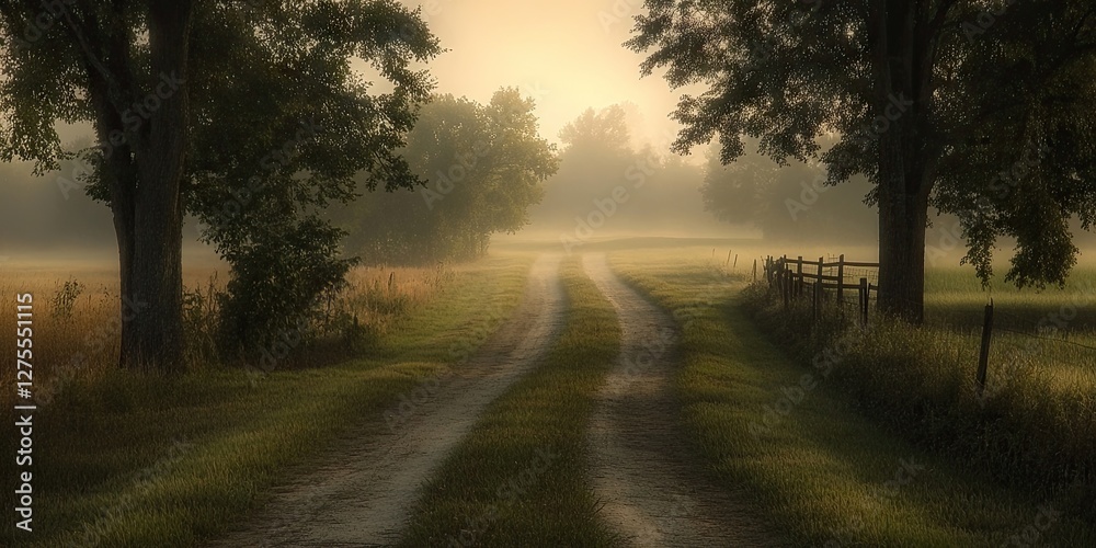 Poster foggy dirt road meandering through lush green fields and trees, soft warm tones creating a tranquil 