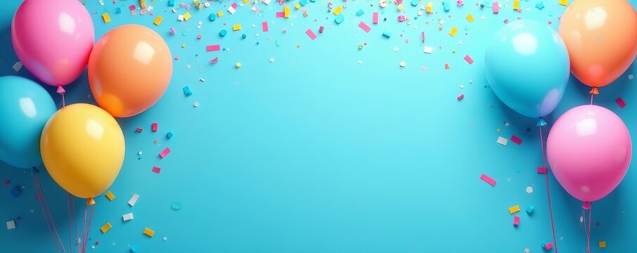 Bright birthday balloon border with confetti on a blue background, balloons, festive, texture