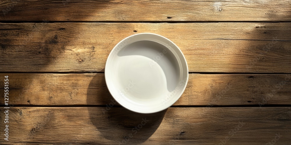 Aufkleber empty white circular dish centered on a rustic wooden surface, captured from above, with soft shadow