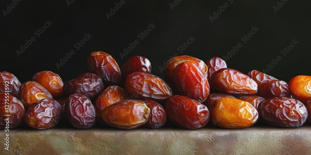 Poster vibrant close-up of assorted exotic dates in rich mahogany and amber hues, arranged neatly on a text