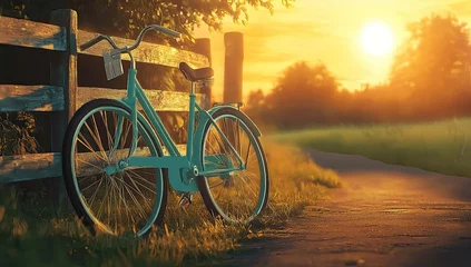 Fototapete Rund Teal bike by wooden fence at sunset © anak