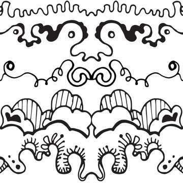Black and white abstract hand-drawn pattern, waves or curls background. Seamless pattern for design wallpapers, border set