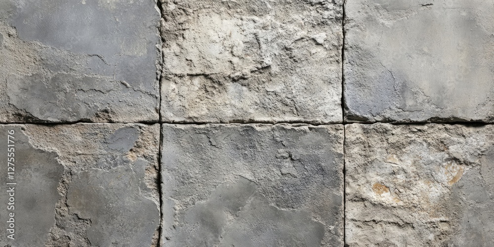 Aufkleber Textured gray wall tiles with visible seams create an abstract backdrop, showcasing rough surfaces and layered cement detail in a close up view.