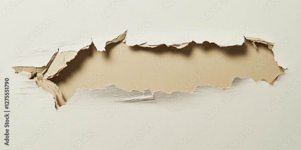 Poster ripped cardboard fragment with jagged edges displayed on soft white surface, beige core exposed, tex