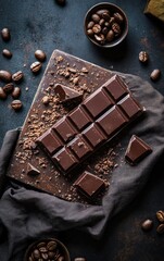 Top view of a chocolate bar breaking into pieces on a rustic wooden table, showcasing its rich texture and deliciousness.