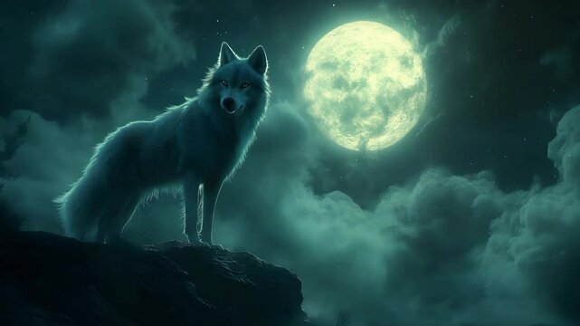 A majestic white wolf stands on a rocky cliff under the glowing full moon, surrounded by misty clouds in a mysterious night sky, evoking a sense of power and solitude