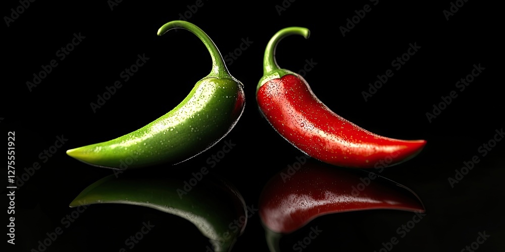 Poster Red and green chili peppers with droplets displayed symmetrically against a glossy black reflective background creating visual contrast and texture