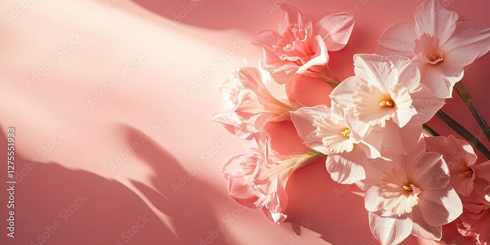 Poster delicate pink flowers with soft petals arranged on a light pink background, casting gentle shadows t