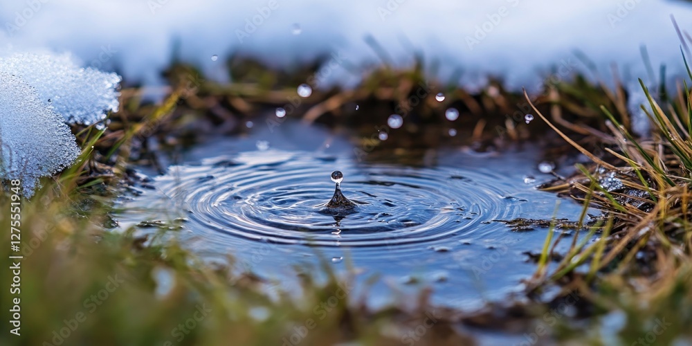 Poster droplet causing ripples in a small pond surrounded by green grass with patches of snow in the backgr