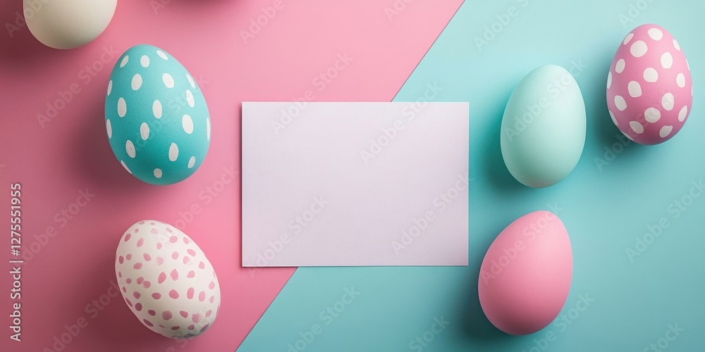 Poster Flat lay composition of decorated Easter eggs in pastel colors on a split pink and blue background with a blank card centered for text placement