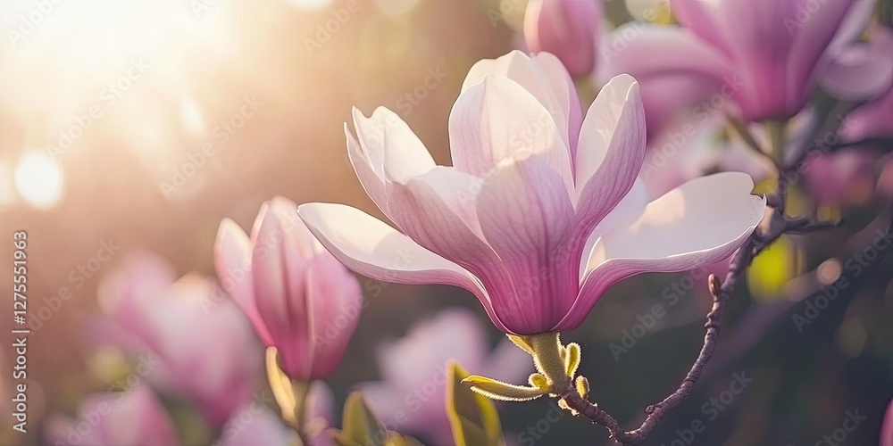 Poster delicate pink magnolia blossoms under soft sunlight with a blurred background creating a warm, seren