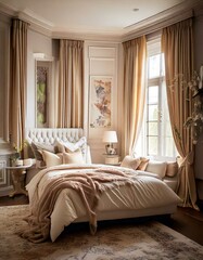  A European-inspired kid’s bedroom with soft draped curtains, elegant paneling, and a classic