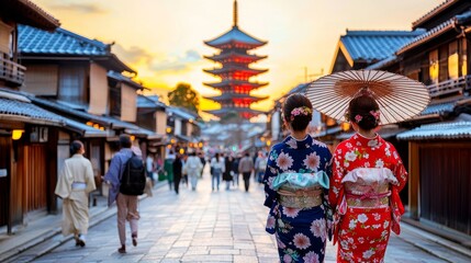Kyoto's Kimono Elegance: Capturing the serene beauty of Kyoto, this image showcases two women in vibrant kimonos walking along a traditional street towards a majestic pagoda as dusk descends. 