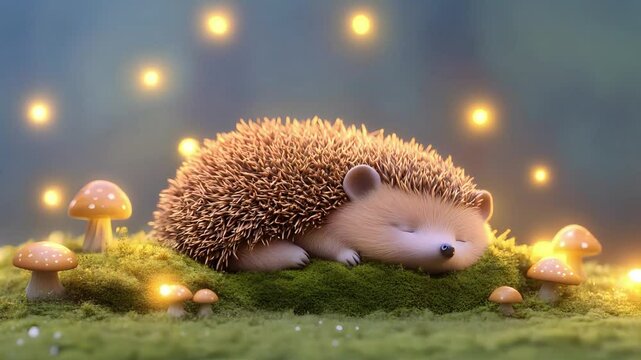 A little, adorable hedgehog curled up and sleeping on a bed of moss, surrounded by mushrooms and glowing fireflies in a magical forest. The scene is warm and whimsical