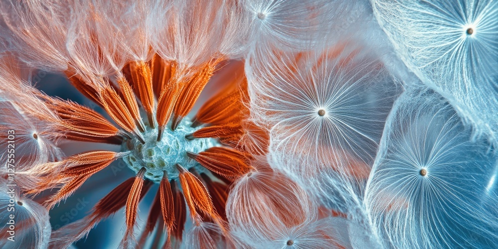 Poster intricate close-up of a vibrant orange flower surrounded by soft white filaments showcasing detailed
