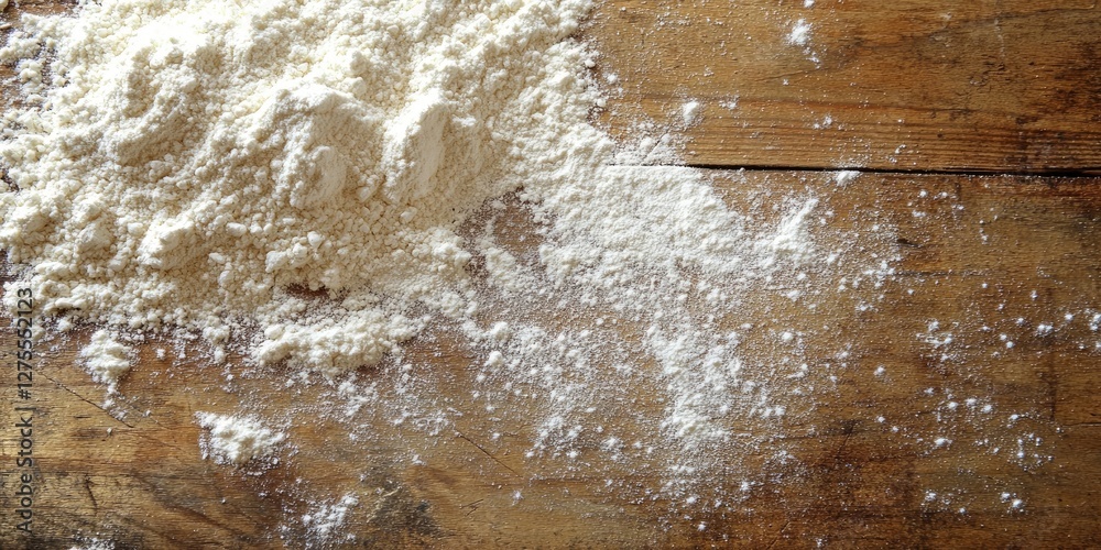 Poster Rustic wooden table with white flour spread out in a textured, natural setting ideal for culinary themes and creative copyspace arrangements.