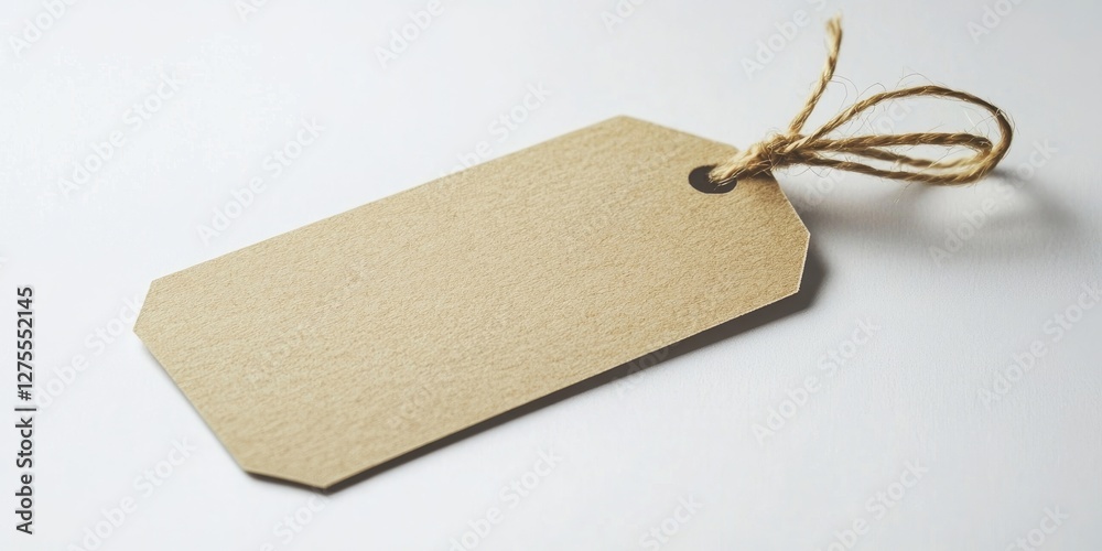 Poster Brown blank label tag with string positioned diagonally on a white background, ideal for price tagging, gifting, or labeling uses.