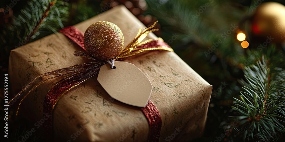 Aufkleber christmas gift wrapped in brown paper with red ribbon and a blank tag, surrounded by evergreen branc