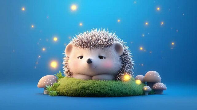 A little adorable hedgehog curled up and sleeping on a bed of moss, surrounded by mushrooms and glowing fireflies in a magical forest. blue background minimal and clean The scene is warm and whimsical