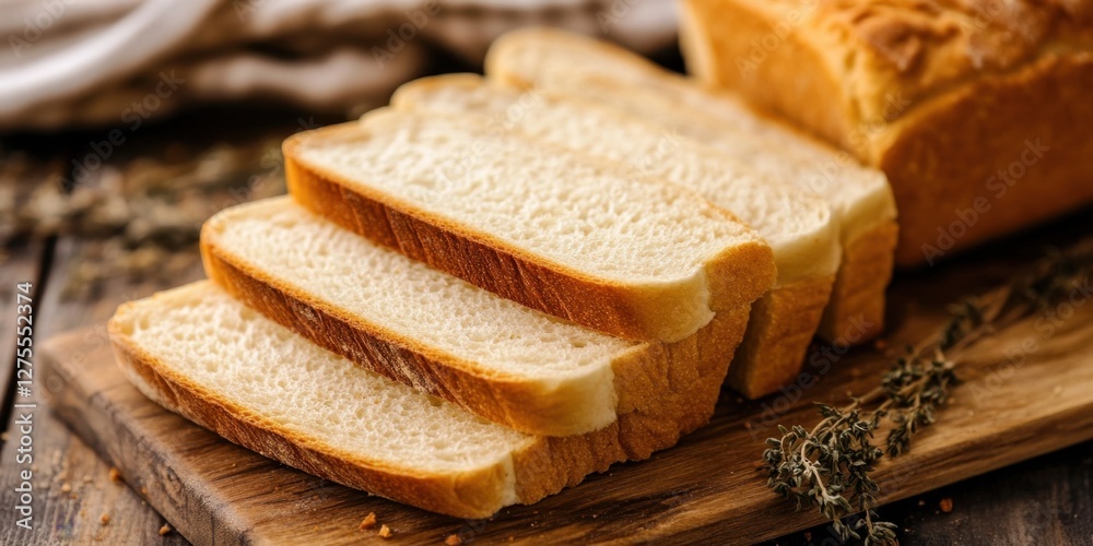 Poster freshly sliced white bread arranged on a wooden chopping board against a textured backdrop showcasin