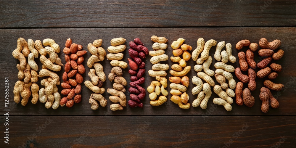 Poster Variety of dried peanuts in shades of brown and cream arranged in neat rows on a rustic wooden surface creating an appealing texture and pattern.
