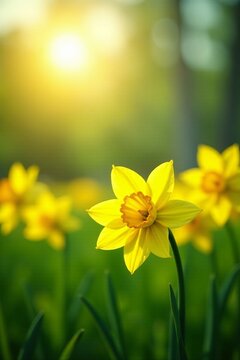 Fototapeta Bright daffodils in a field under the sun, fresh spring flowers, sun, flowers, bright