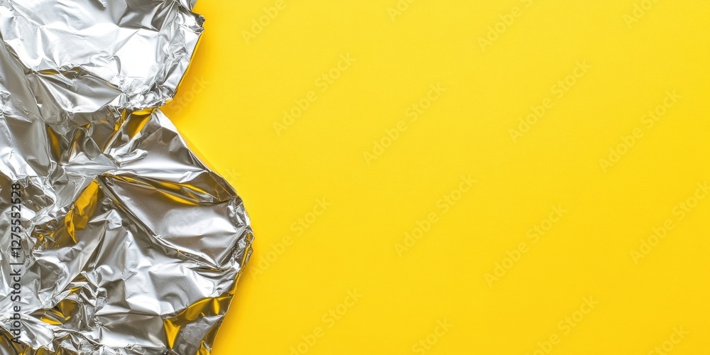 Fototapete crumpled silver aluminum foil on a vibrant yellow background with a smooth texture creating contrast